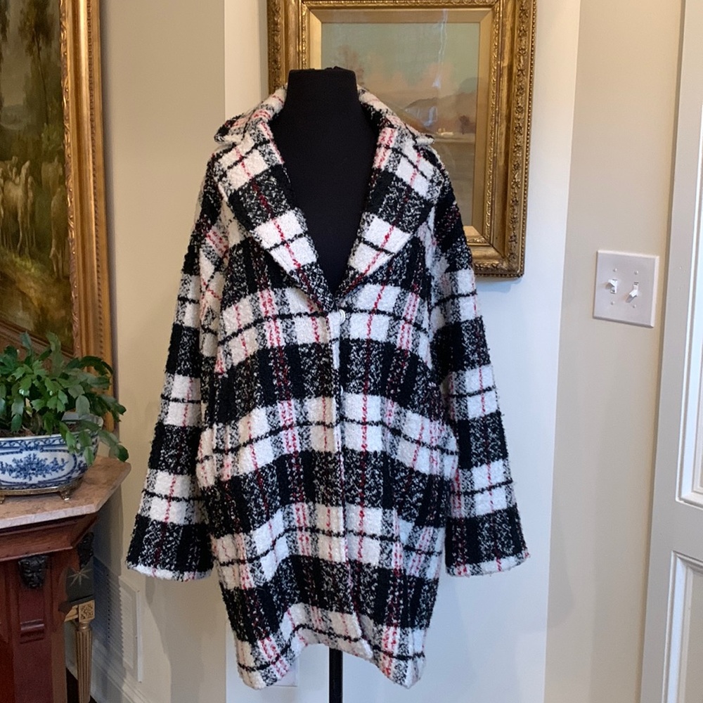 Black, White, Red Plaid Pea Coat